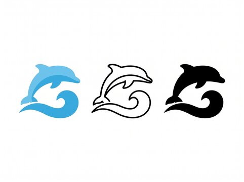 Three stylized dolphin logo icons in modern vector design. Minimalist aquatic marine symbols for branding and digital media.