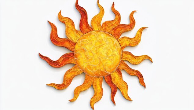 3D sun clipart on a white background, with flames around the sun, in a top-down view.
