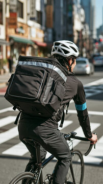 Urban Delivery on Two Wheels: A determined delivery person navigates a busy city street on a bicycle, their insulated backpack signifying swift service and urban mobility.