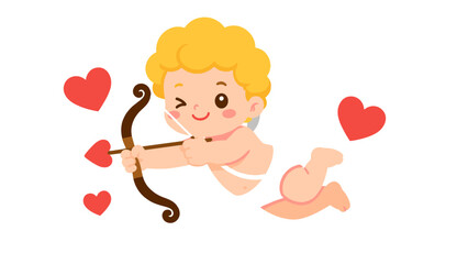 Fototapeta premium Cute cupid angel with bow and arrow and red hearts