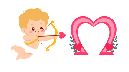Fototapeta premium Cute cupid cartoon aiming arrow at pink heart frame