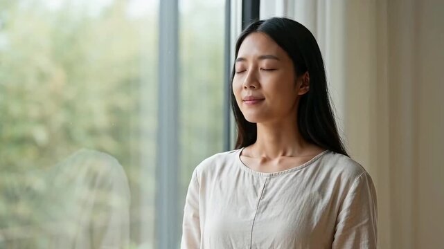 Peaceful young Asian woman standing by a bright window, practicing mindfulness with eyes closed, then opening them to look outside with a serene smile.