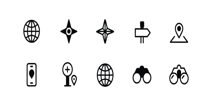 Set of travel and navigation line icons featuring globes compass stars location markers and binoculars for professional map design web interface development or mobile app UI projects.