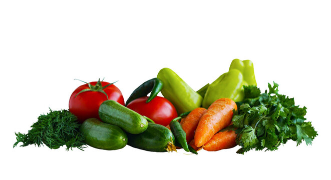 Various vegetables, including tomatoes, cucumbers, carrots, and greens, are placed on a white background.