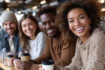 Obraz premium Friends enjoying coffee at a cozy cafe on a weekend afternoon
