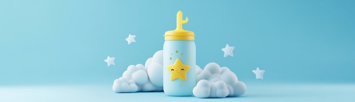 A baby bottle with a yellow star and moon design on it, against a blue background with white clouds and stars.