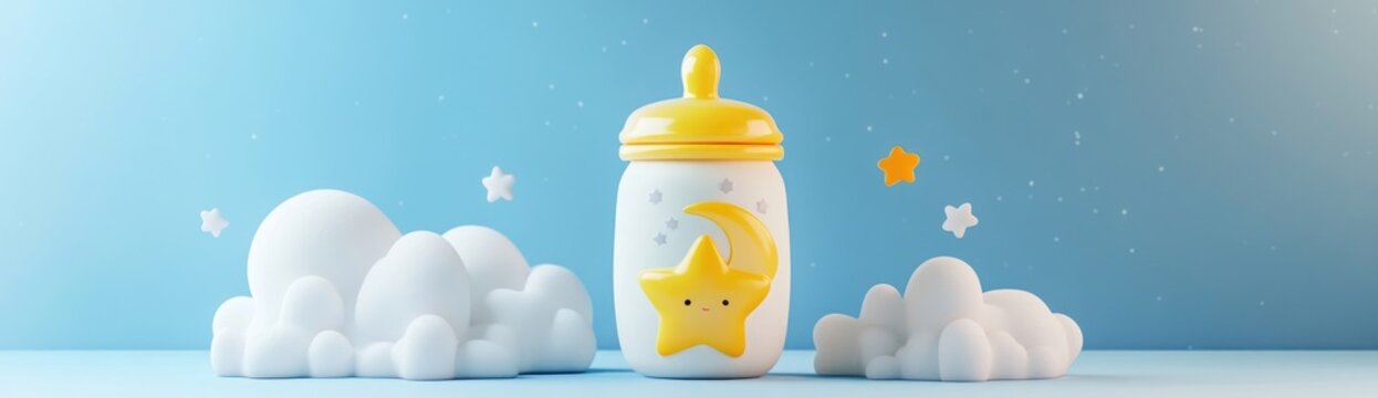 A baby bottle with a yellow star and moon design on it, against a blue background with white clouds and stars.