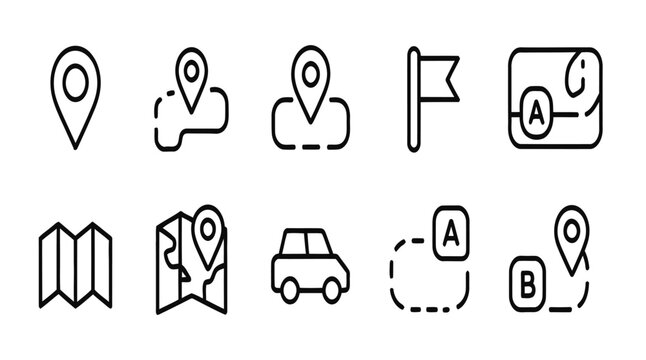 Collection of simple outline location map markers and navigation symbols for geographic tracking routes and travel guidance featuring pin points flags and path wayfinding tools.