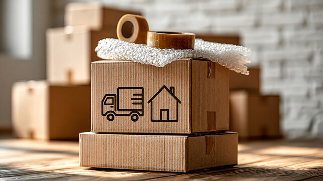 Moving Day Essentials: Cardboard boxes, bubble wrap, and tape are neatly stacked, symbolizing the organized process of packing and relocation. A truck and house icon adorn the foremost box.