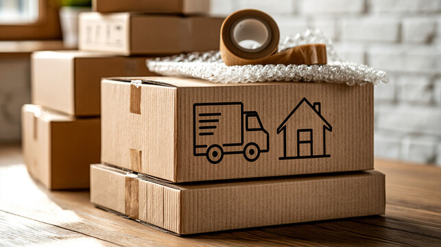 Moving Boxes and Supplies: Stacked cardboard moving boxes with tape and bubble wrap, ready for relocation. Ideal for illustrating moving, shipping, and logistics.