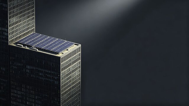 Sustainable city skyscraper with rooftop solar installation 