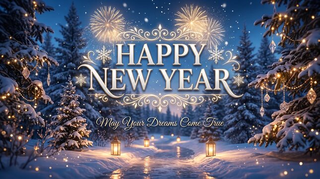 Happy new year greeting card with fireworks over snowy forest path with lanterns