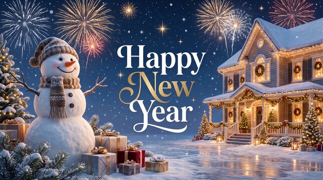 Happy new year card with snowman, decorated cozy cottage and colorful fireworks at night