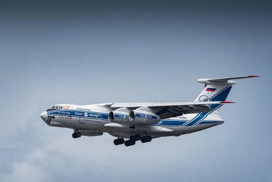 SEMARANG, INDONESIA - MARCH 23: An Ilyushin Il-76 cargo aircraft with Volga-Dnepr markings lands at Semarang.