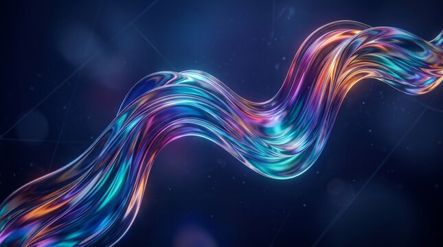 Abstract Fluid Wave Shape 3D Render with Glassy Vibrant Colors and Modern Blue Background for Digital Art and Design