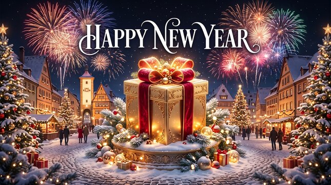 Happy new year greeting banner with golden gift box and fireworks in snowy town