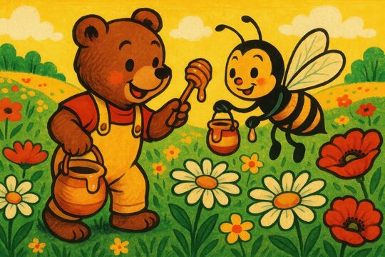Vintage cartoon illustration of a cute bear sharing honey with a bee in a flower meadow