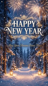 Happy new year greeting card with fireworks over snowy forest path with lanterns