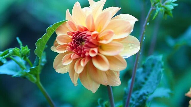 Close-up of a vibrant peach and orange dahlia flower with raindrops, blooming in a lush green garden.