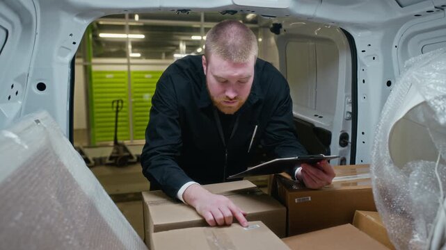 Caucasian young adult male courier checking cardboard boxes inside delivery van and writing on clipboard. Ideal for logistics, ecommerce shipping, and supply chain business promotions