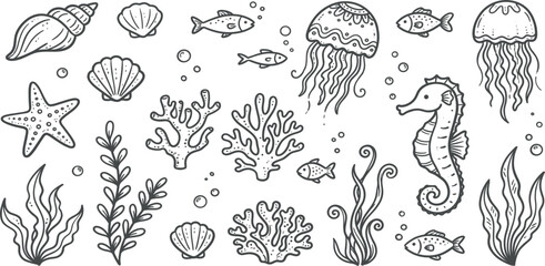 Hand Drawn Underwater Sea Life Collection with Jellyfish Seahorse Seashells Coral Seaweed and Fish Black and White Vintage Vector Illustration © creative bithi