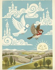 Fototapeta premium Charming illustration of feathered friends flying together above cloud covered castle towers