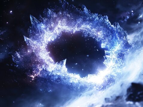 A black hole made of blue crystals with white light radiating from it, swirling in space