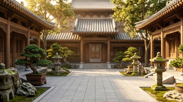 Timeless Traditional Asian Courtyard with Bonsai