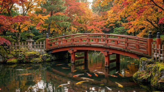 Autumn Japanese Garden Vermilion Bridge and Koi Pond
