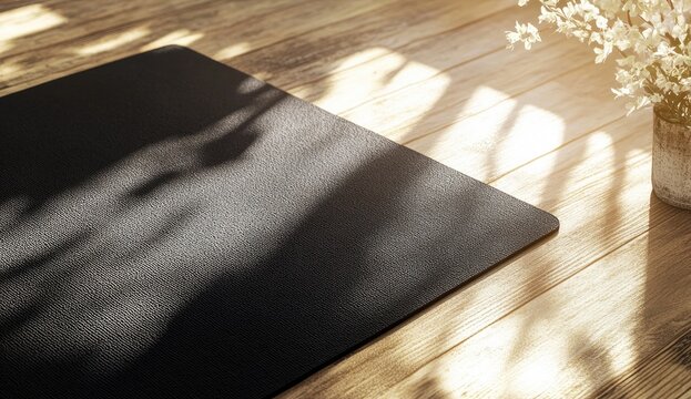 A black yoga mat is laid out on the floor, photographed from above at an angle of about three-quarters