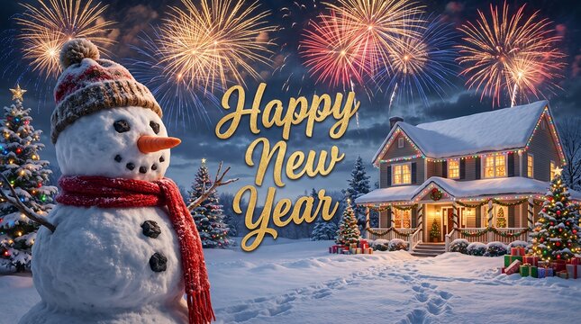 Happy new year card with snowman, decorated cozy cottage and colorful fireworks at night