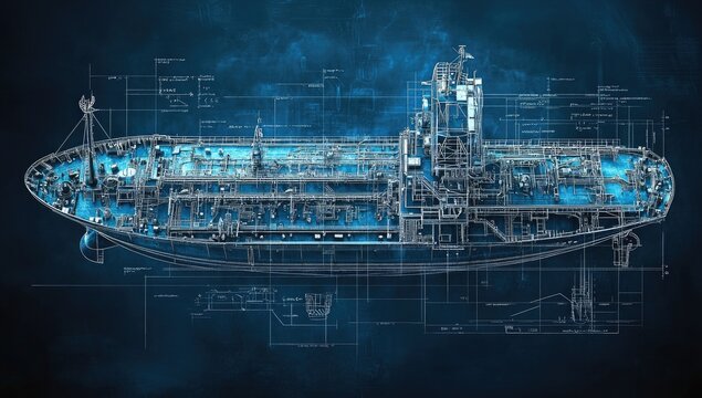 A blueprint of an oil tanker ship with detailed line art, showcasing the vessel's design and construction details on a dark blue background.