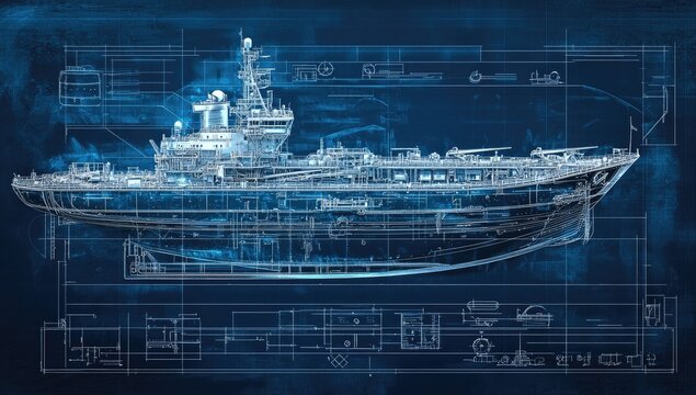A blueprint of an oil tanker ship with detailed line art, showcasing the vessel's design and construction details on a dark blue background.