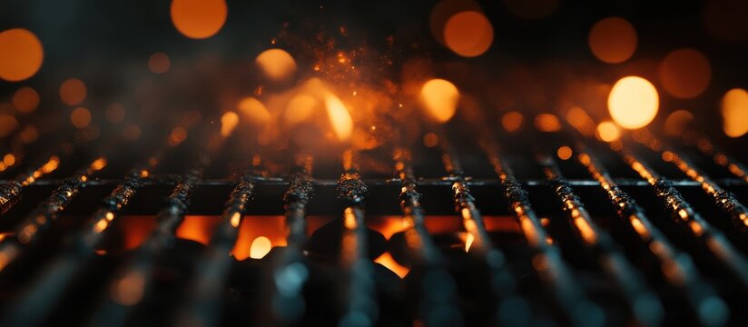 A blurred background of an empty barbecue grill with flames, with bokeh lights in the foreground.