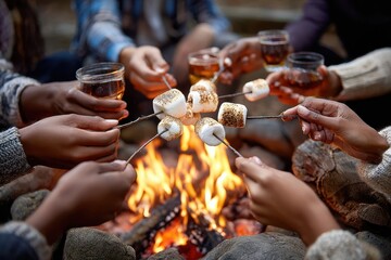 Obraz premium Friends gather around fire to roast marshmallows and share drinks in the outdoors at night