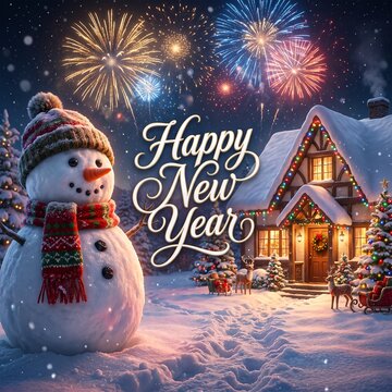 Happy new year banner with smiling snowman, wrapped presents and fireworks in winter town