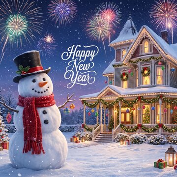 Happy new year banner with smiling snowman, wrapped presents and fireworks in winter town