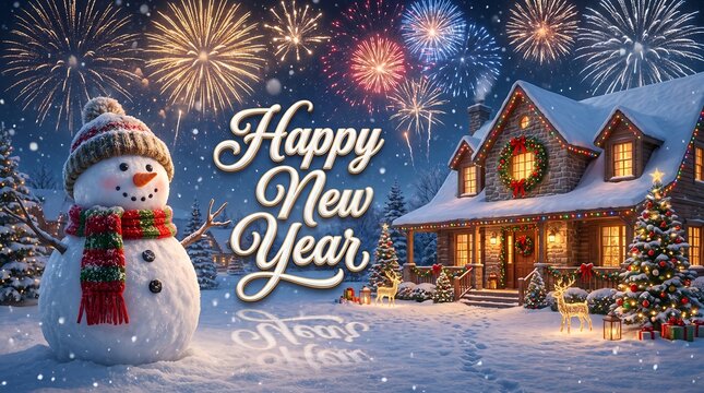 Happy new year card with snowman, decorated cozy cottage and colorful fireworks at night
