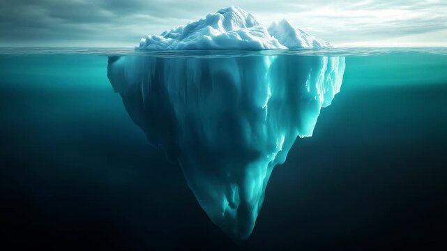 An iceberg drifts in calm ocean water with part of the structure visible beneath the surface and a cloudy sky in the background