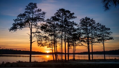 Naklejka premium Tall Pine Trees Stand Silhouetted Against A Sunset Over A Calm Lake Labeled Alabama The Vintage Design Captures Serene Southern Landscapes And Timeless Natural Beauty