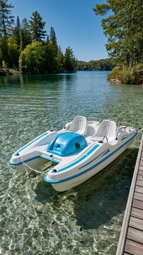 Paddle Boat at Dock: A clean white and blue paddle boat is tethered to a wooden dock, resting on the crystal-clear, shallow water of a calm lake.