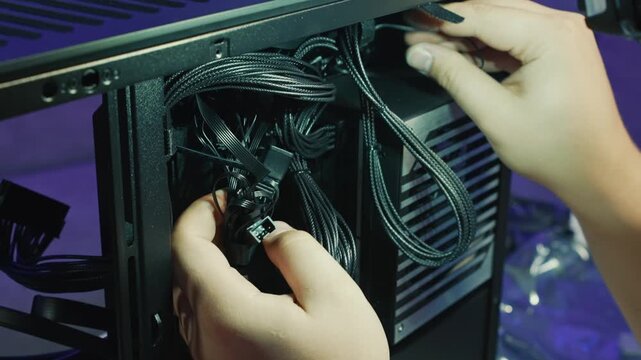 Organizing and routing power supply cables inside computer case, careful routing and arranging of power cables behind the case panel during assembly and cable management