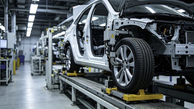 Automated system mounting wheels on car chassis at factory s