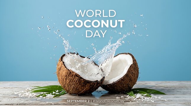 World coconut day refreshing split coconut with water splash on blue, tropical