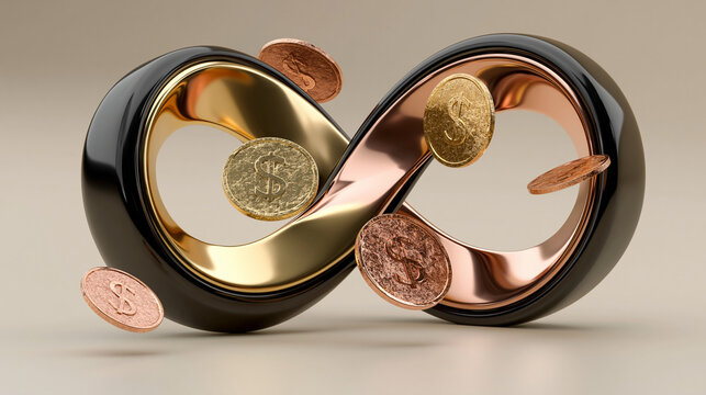 Infinite Wealth Symbol: A sleek, modern infinity symbol with gold and copper accents, intertwined with floating coins, representing boundless financial prosperity and endless opportunity.