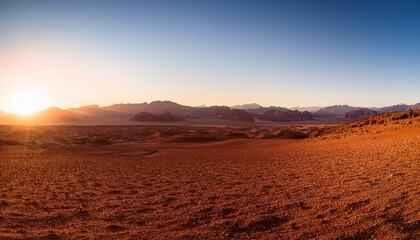 Fototapeta premium Vast Arid Desert Landscape At Sunset With Distant Mountains Landscape Mountains Wilderness Environment Sunlight Panoramic