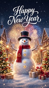 Happy new year banner with smiling snowman, wrapped presents and fireworks in winter town