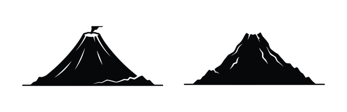 Black silhouette icons of volcanic mountains with lava craters and smoke