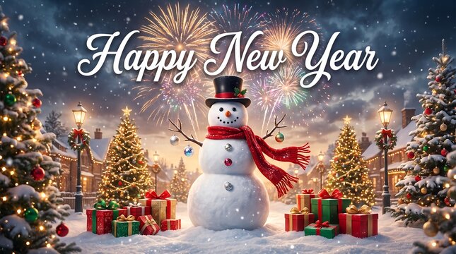 Happy new year banner with smiling snowman, wrapped presents and fireworks in winter town