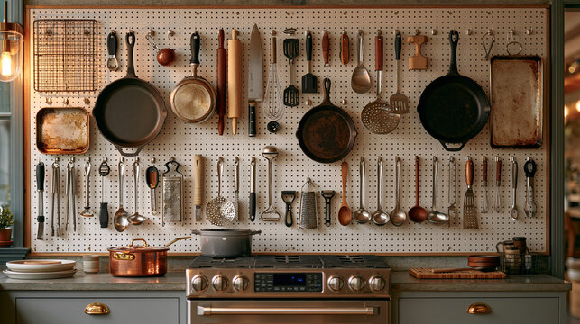 Well-Equipped Kitchen: A meticulously organized pegboard displays a vast array of culinary tools and cookware, including pots, pans, knives, and utensils, above a professional-grade stove.